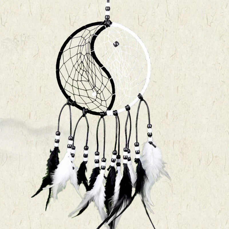 Acchiappasogni Yin Yang Rete circolare con piume Decorazione di equilibrio - Image 20