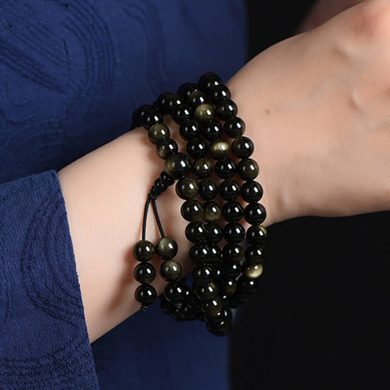 Braccialetto della ricchezza in ossidiana naturale con 108 perle di Mala Buddha Stones - Image 11