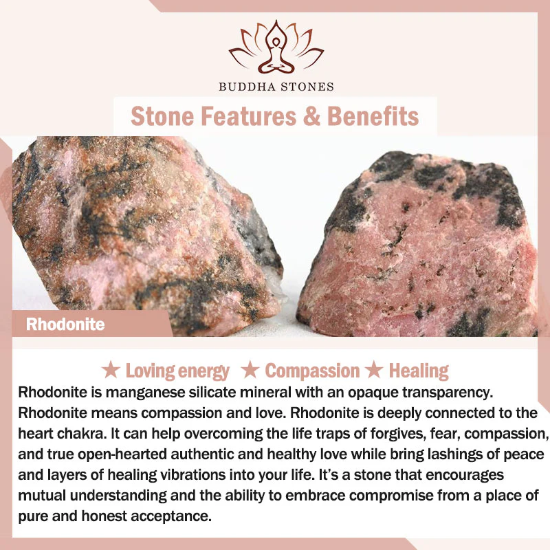 Braccialetto di perline curative con cuore d'amore e rodonite Buddha Stones - Image 5