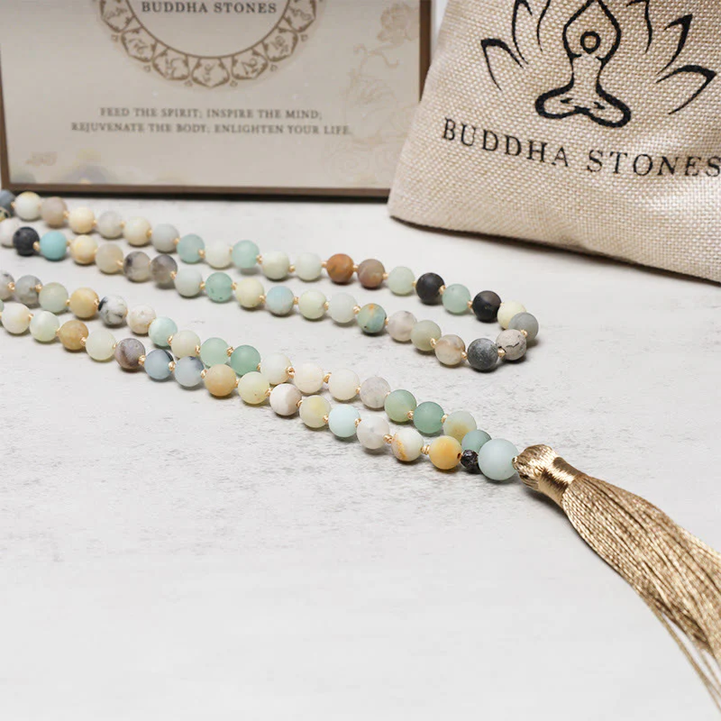 Braccialetto Mala con nappa in perle di amazzonite Buddha Stones 108 - Image 5