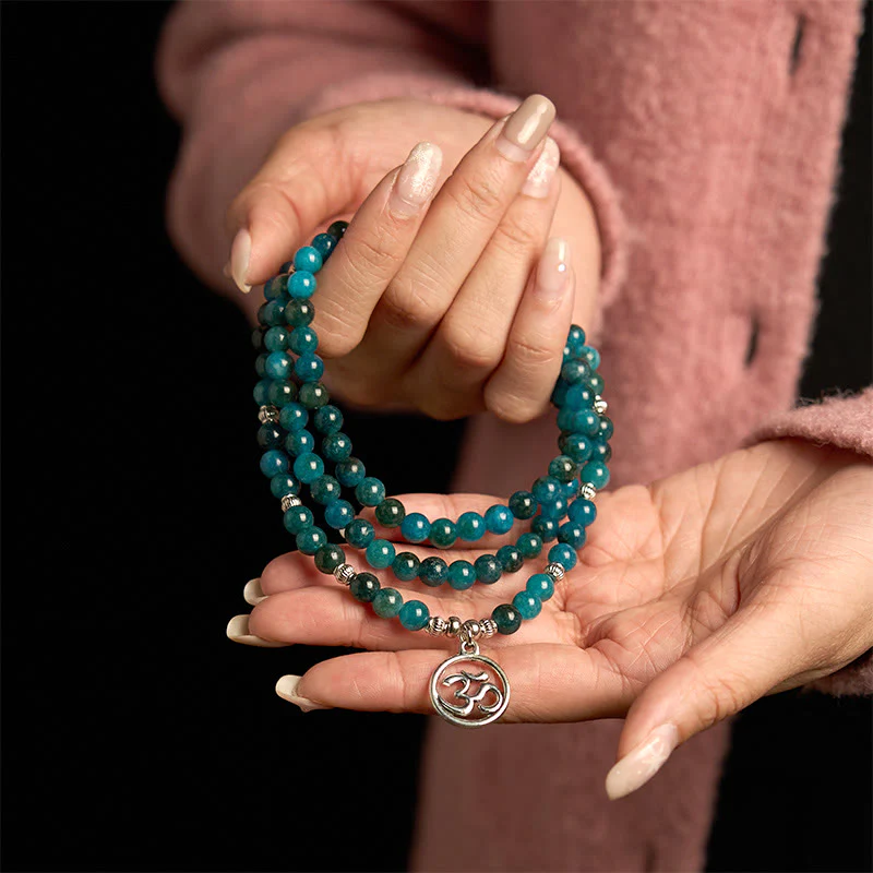 Buddha Stones 108 Mala Beads Apatite Bead Om L'albero della vita Bracciale Buddha di loto - Image 3