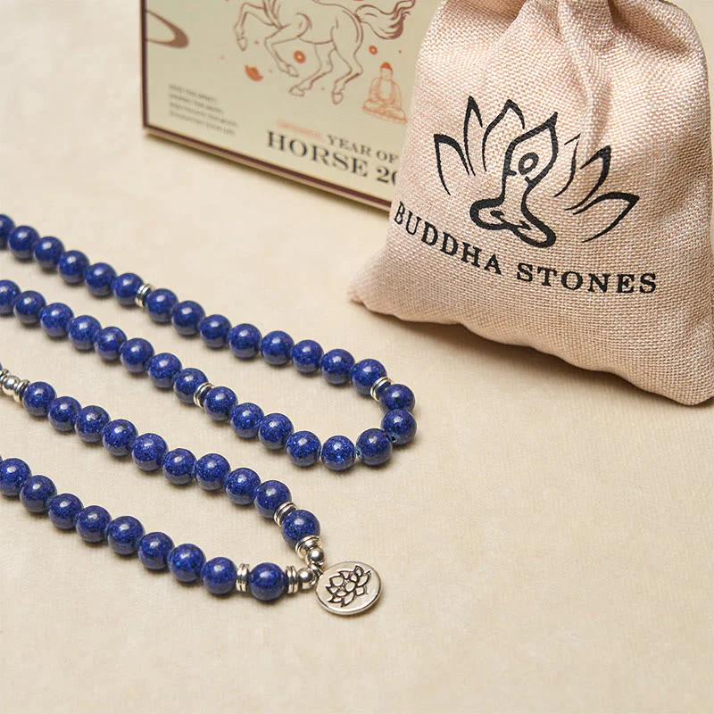 Buddha Stones 108 perle Lazurite Lapislazzuli Simbolo del loto Ciondolo Mala positivo - Image 6
