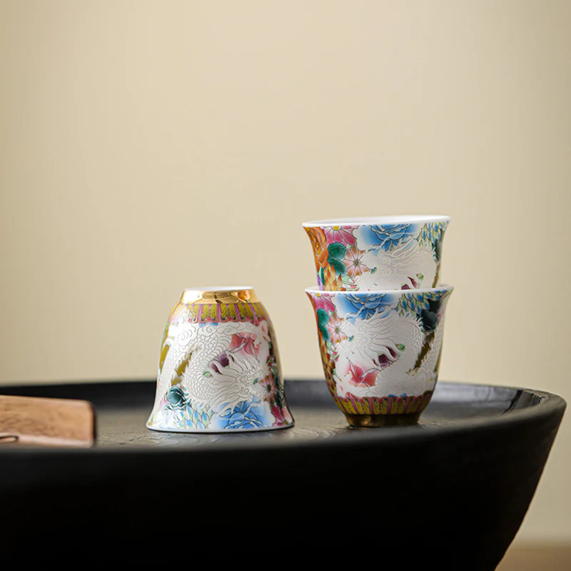 Buddha Stones Drago Fenice Fiori Tazza da tè in ceramica Tazza da tè Kung Fu 50ml - Image 3