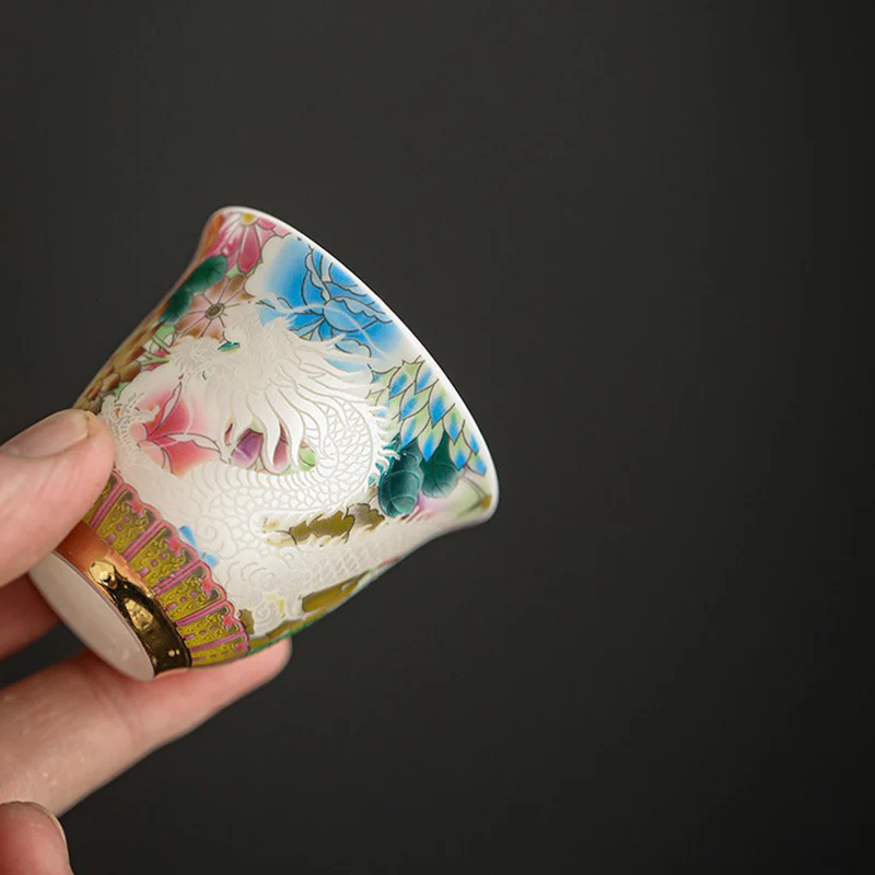 Buddha Stones Drago Fenice Fiori Tazza da tè in ceramica Tazza da tè Kung Fu 50ml - Image 4