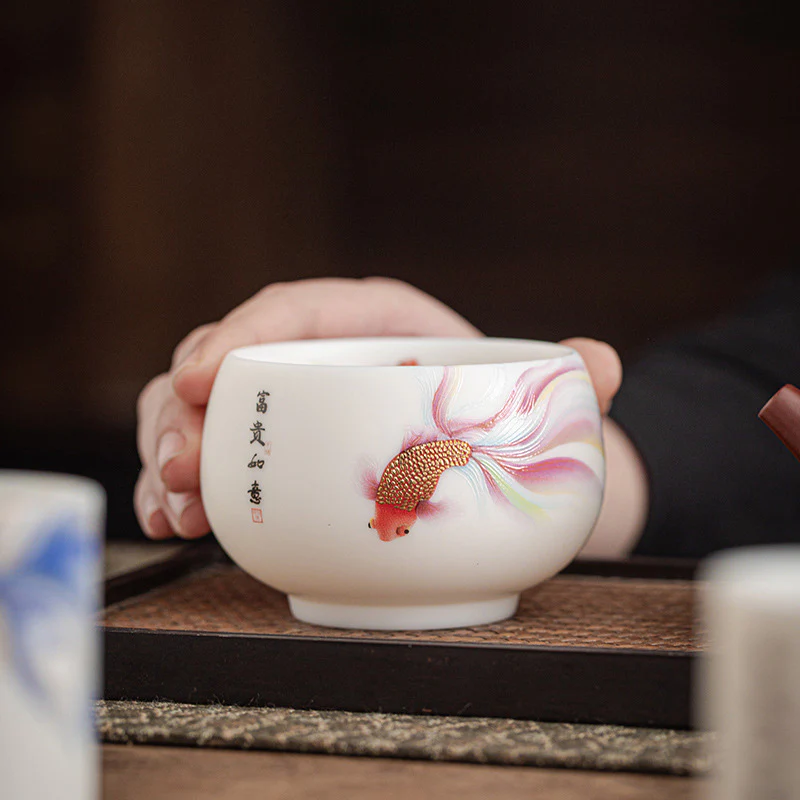 Buddha Stones Koi Fish Tazza da tè in porcellana bianca Tazza da tè in ceramica Kung Fu - Image 11