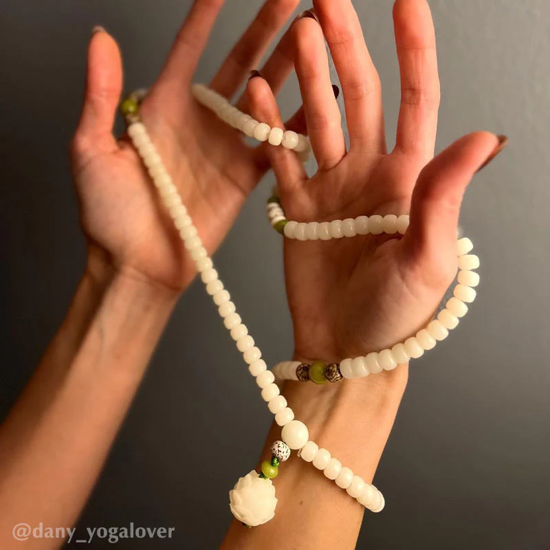 Collana con bracciale in giada bianca Bodhi Lotus Mala Harmony Buddha Stones - Image 20