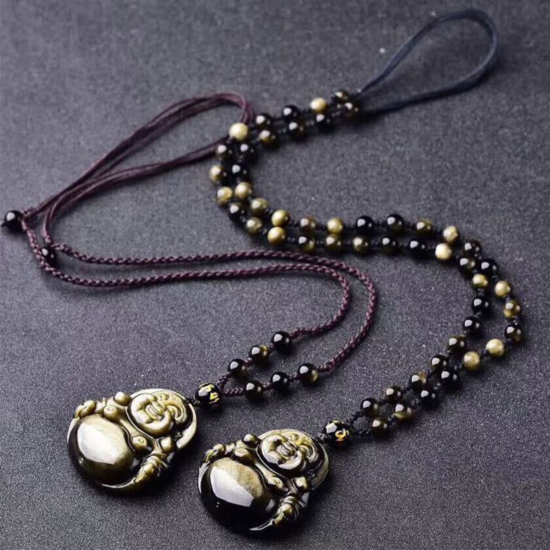 Collana con ciondolo Buddha Stones Laughing Buddha in ossidiana dorata e lucente, ricchezza - Image 3