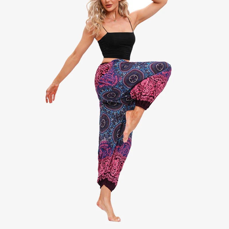 Pantaloni harem larghi da donna con fiori geometrici rotondi e Buddha Stones - Image 4