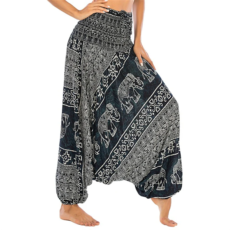 Pantaloni harem larghi e arricciati con motivo a elefante, tuta da yoga da donna, stile Buddha Stones, due stili - Image 22