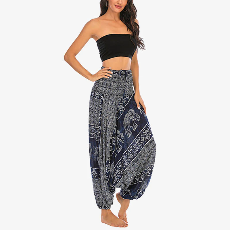 Pantaloni harem larghi e arricciati con motivo a elefante, tuta da yoga da donna, stile Buddha Stones, due stili - Image 34
