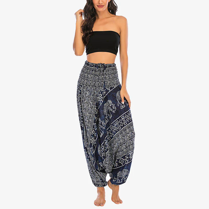 Pantaloni harem larghi e arricciati con motivo a elefante, tuta da yoga da donna, stile Buddha Stones, due stili - Image 37