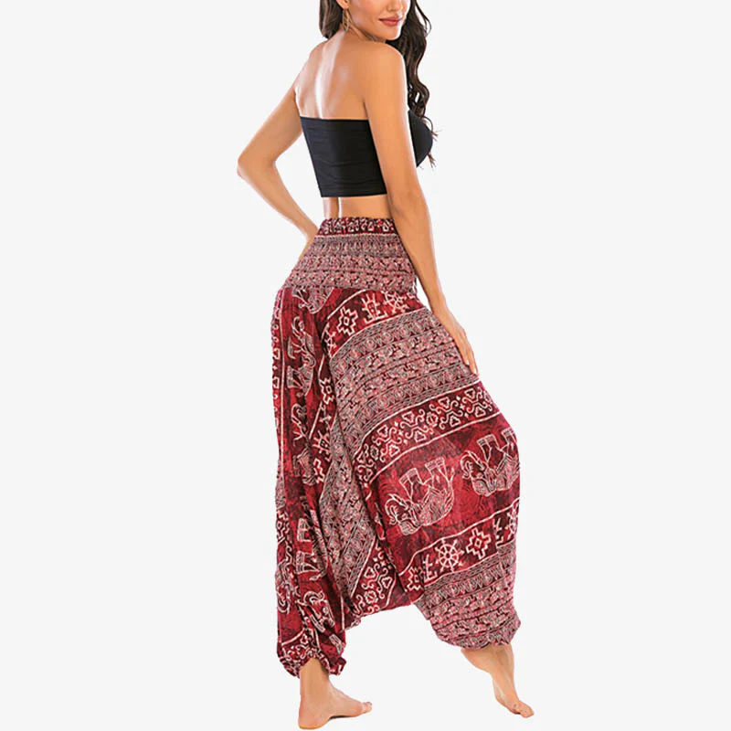 Pantaloni harem larghi e arricciati con motivo a elefante, tuta da yoga da donna, stile Buddha Stones, due stili - Image 5