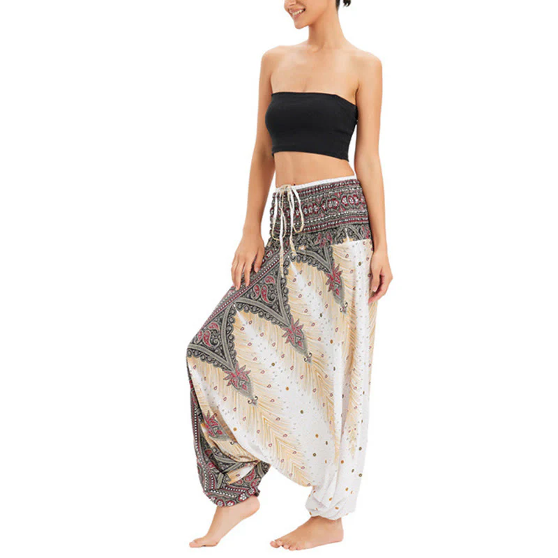 Pantaloni harem larghi e arricciati in piuma di pavone, pantaloni a vita alta, tuta, Buddha Stones Two Style - Image 3