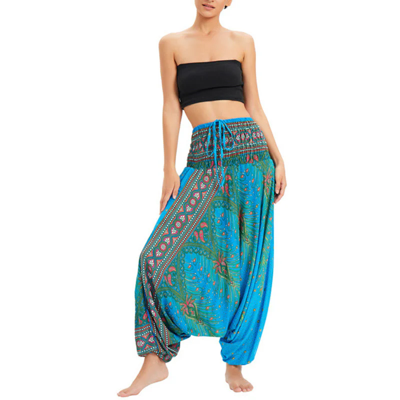 Pantaloni harem larghi e arricciati in piuma di pavone, pantaloni a vita alta, tuta, Buddha Stones Two Style - Image 9