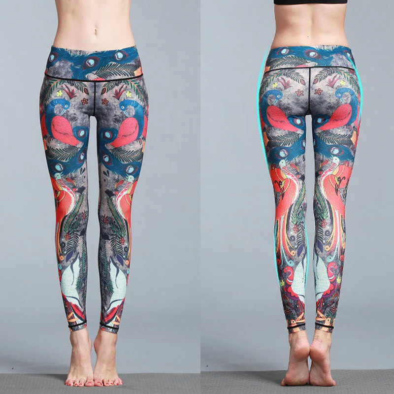 Pantaloni sportivi da yoga con stampa di piume di pavone rosso e blu , Buddha Stones, pantaloni da yoga da donna - Image 4
