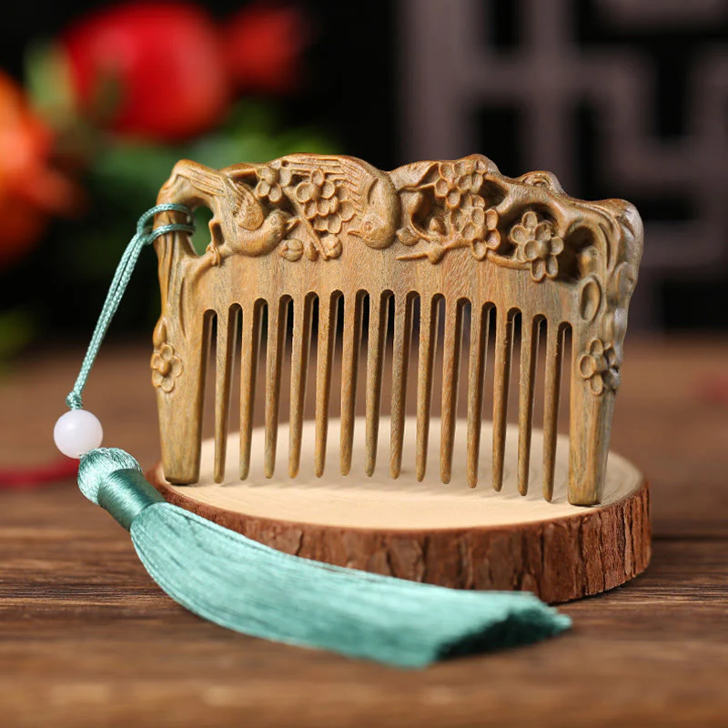 Pettine con nappa di cura inciso a forma di fiore di peonia volpe sandalo verde - Image 10