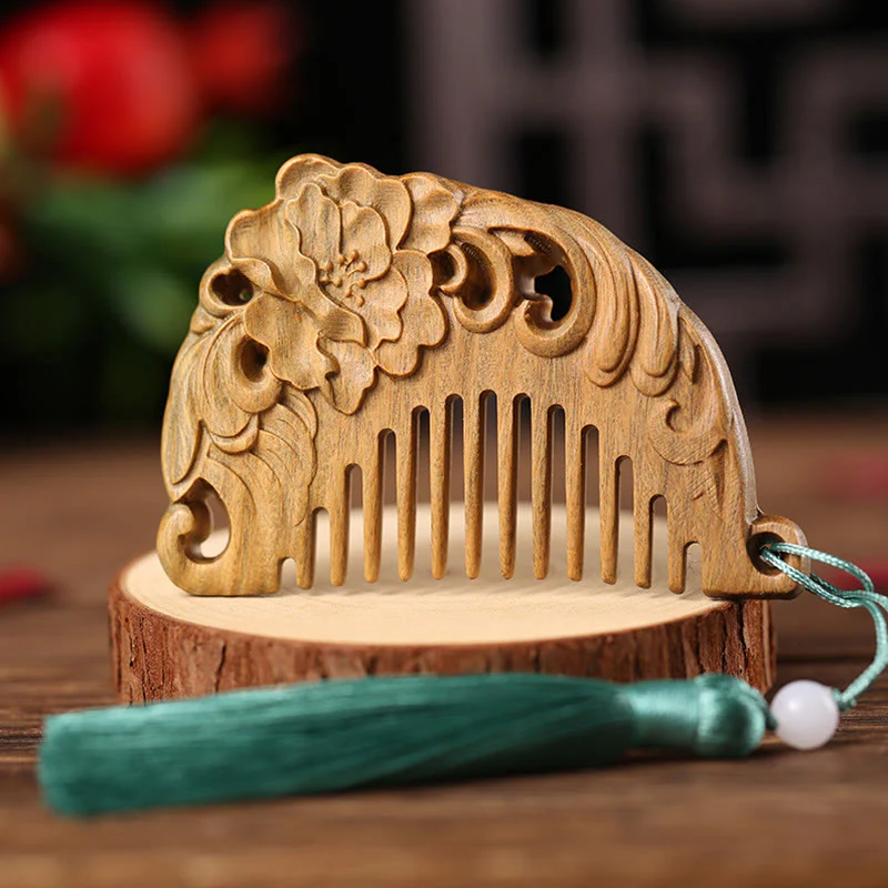 Pettine con nappa di cura inciso a forma di fiore di peonia volpe sandalo verde - Image 17