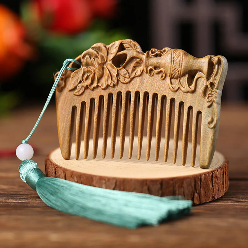 Pettine con nappa di cura inciso a forma di fiore di peonia volpe sandalo verde - Image 3