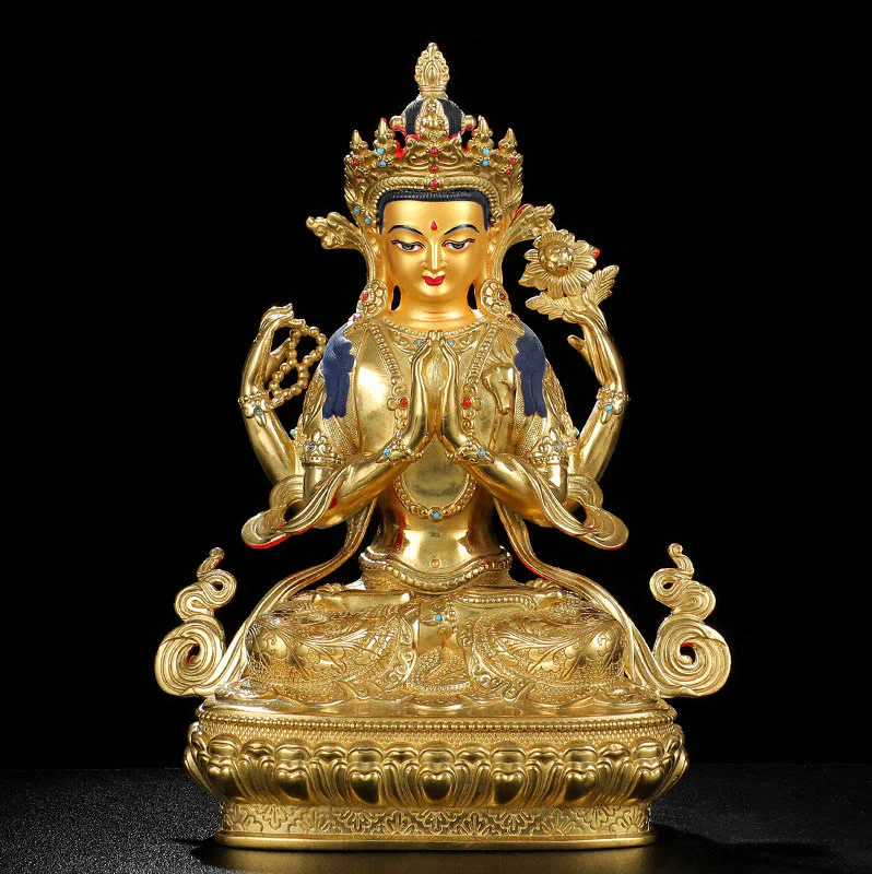 Statua di protezione di Avalokitesvara a quattro braccia di Chenrezig, placcata in oro e rame - Image 9